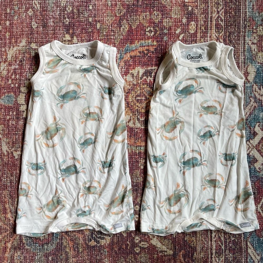 Coccoli Girls White Tank Nightgowns with Teal & Peach Crab Print (Pair)
